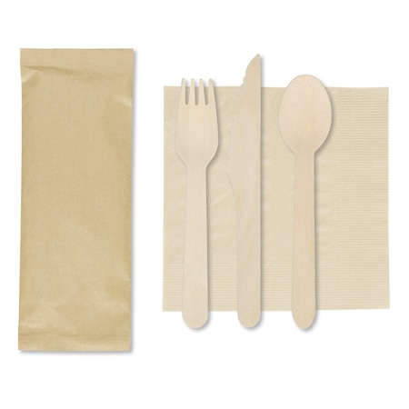 Hoffmaster 6" x 6""dividually Bagged Kraft Napkin with Wood Cutlery PK 500 117530